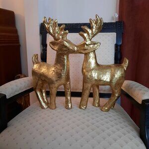 Two Large Gold Papier Mache Reindeer